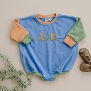 Custom Embroidered Colorblock Sweatshirt Romper - Orange Blue Green - Baby Boy Bubble Romper Outfit - Personalized Sweatshirt for Toddlers