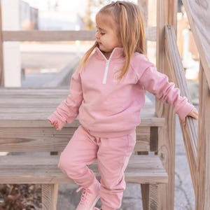 Custom Embroidered Organic Cotton Quarter Zip Set - Girls Personalized Outfit - Sweatshirt & Sweatpants - Personalized Clothes Jogger Set