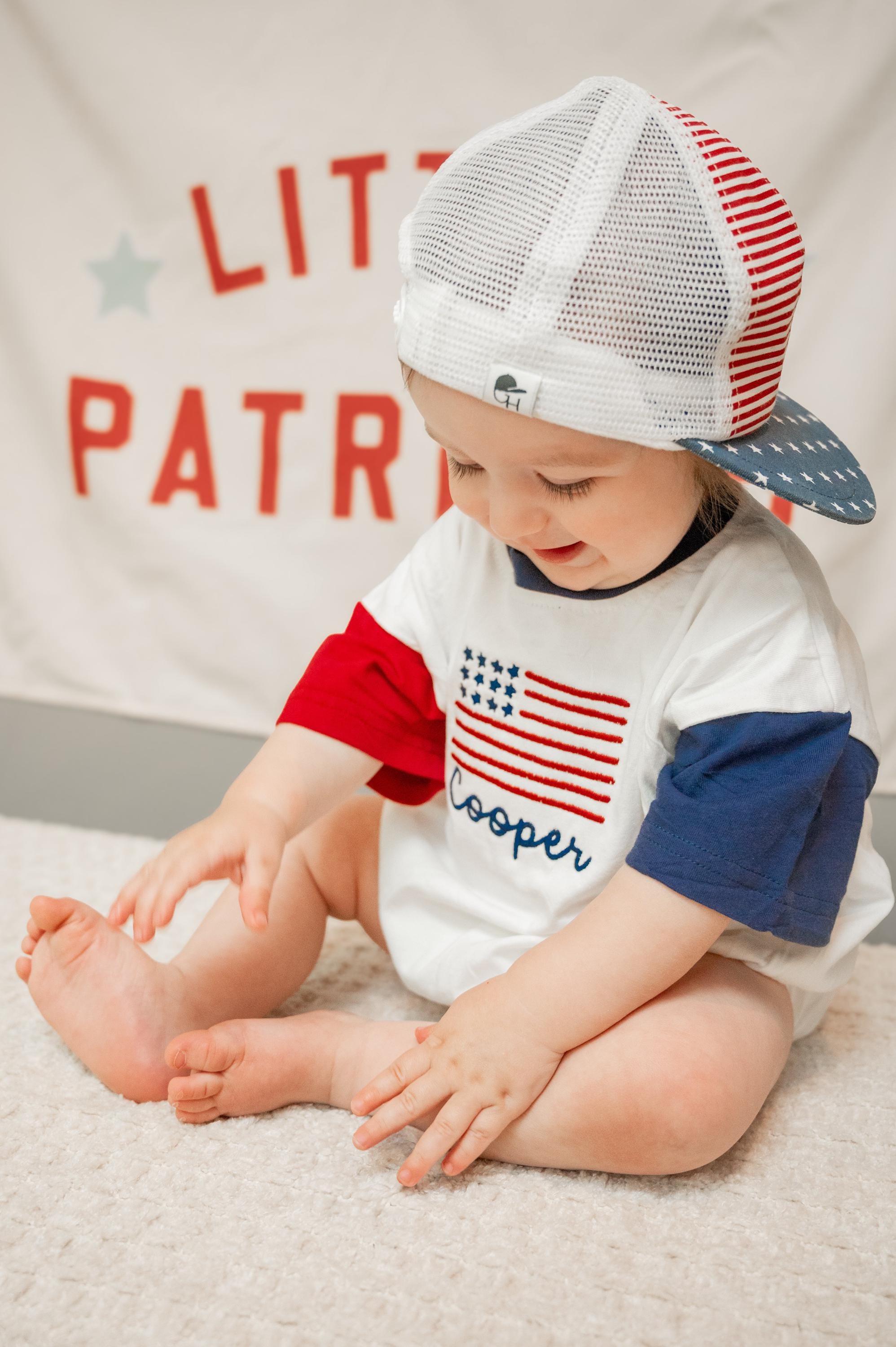 Custom Embroidered 4th of July Colorblock T-Shirt Romper or Oversized Tee - Flag