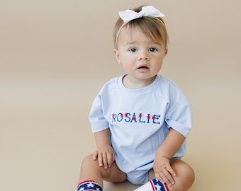 Custom Embroidered Light Blue T-Shirt Romper - bow or pick your own design!