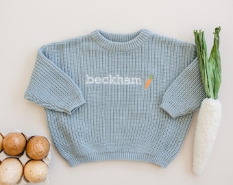 Suéter de punto de Pascua bordado personalizado: más colores y opciones de diseño. Para bebés, niños pequeños, niñas o niños. Orejas de conejo de zanahoria de primavera.