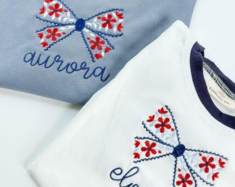Custom Embroidered Girls 4th of July Tee - Red White & Blue Floral Bow