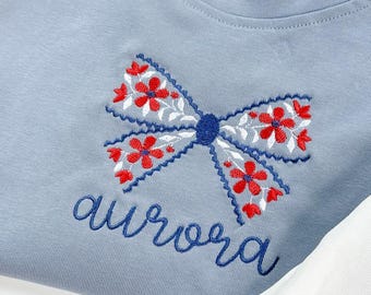Custom Embroidered 4th of July Baby T-Shirt Romper - Red White & Blue Floral Bow