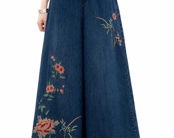 Pantalones vaqueros anchos bordados, pantalones florales de talle alto, estilo bohemio japonés.