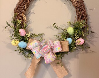 Easter Grapevine Wreath with Woven Eggs, Greenery, Farmhouse Bow (18 inches)
