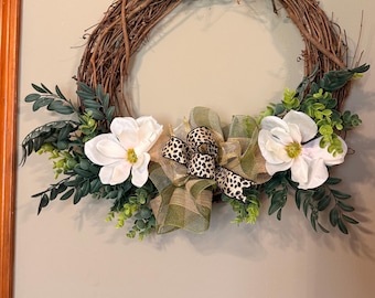 Greenery Grapevine Wreath with Cheetah Bow - 18” Farmhouse Door Décor