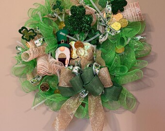 St. Patrick’s Day Wreath | 18” Green Clover Wreath | Leprechaun & Gold Coin Door Wreath | Lucky Shamrock Decor | St. Paddy’s Day Front Door
