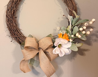 Everyday Greenery & Orange and White Floral Grapevine Wreath 18” front door - outdoor wreath