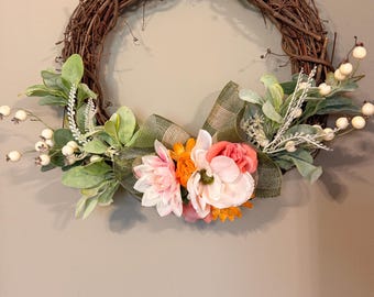Everyday Greenery & Pink and White Floral Grapevine Wreath 18” front door - outdoor wreath