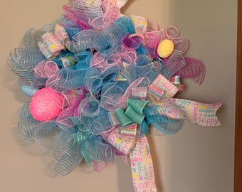 18" Pink Blue Easter Bunny Ear Wreath | Glitter Eggs Pastel Spring Door Decor