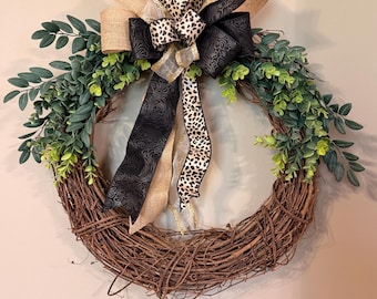 Greenery Grapevine Wreath with Cheetah Print Bow – 18" Farmhouse Door Décor