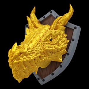 Trofeo de pared con cabeza de dragón impreso en 3D - Decoración de fantasía para gamers Shiny Gold