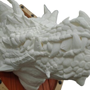 Puede incluir: Escultura de cabeza de drag&oacute;n blanco montada en una placa de madera. La boca del drag&oacute;n est&aacute; abierta, revelando dientes afilados. La escultura est&aacute; detallada con escamas y piel texturizada.