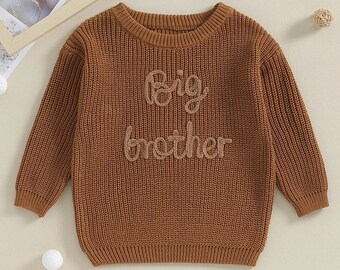 Big Brother Baby Toddler Sweater, Embroidered Brother Jumper, Pink Baby Girls Sweater, Birthday Gift For Baby Boy, 12M-5Y Embroidery Jumper