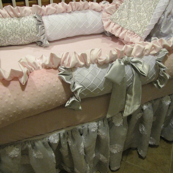 Custom crib set Silver Grey and Pink with sheer floral applique skirt 6 pc