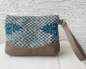 Handmade Large Leather Wristlet Lined with Interior Pocket, Thick Leather Clutch, Travel Wristlet, Zipper Pouch, Accent Fabric, Gift for her