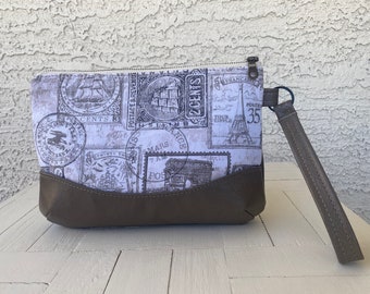 Vacation Wristlet, Travel Bag, Handmade Leather Wristlet with interior pocket, Genuine Leather, Zipper Clutch, Accented with Fabric