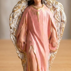 Handmade Terracotta Angel Figurine 23cm - Pink and Gold Guardian Angel Statue - Artisan Religious Craft - Spiritual Home Decor