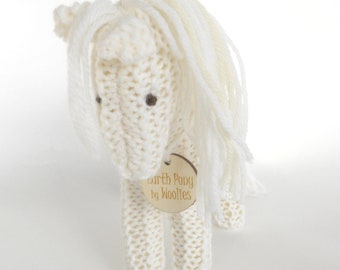 Earth pony, Waldorf Toy Stuffed Animal Horse, hand knit plush wild pony friend Winter White