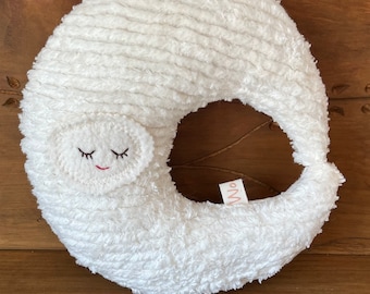 Plush Moon Pillow Toy Baby Child Eco Friendly  Crescent Moon Sleepy Eyes or Open Eyes