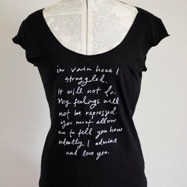 VERKOOP - grootte middellange - Mr. Darcy voorstel zwart met witte inkt scoop hals t shirt - originele Jane Austen