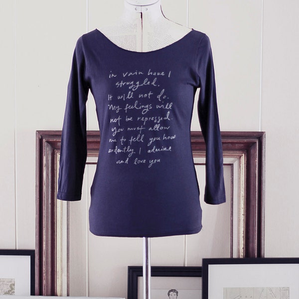 SALE - slightly misprinted - size Medium - Mr. Darcy Proposal shirt-  navy blue - S.M.L.XL - silver ink- Jane Austen