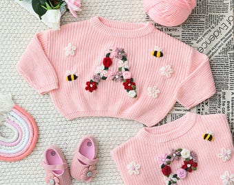 Embroidered Flower Initial Sweater | Floral Embroidered Letter Initial |Floral Initial | Hand Embroidered Knit Jumper | New Born Gift