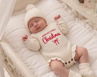 Personalized Baby First Christmas Romper, Custom Name Knit Ruffle Romper, Newborn Christmas Outfit,Baby Girl Holiday Outfit, First Xmas Gift