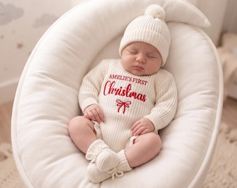 Personalized Baby First Christmas Romper, Custom Name Knit Ruffle Romper, Newborn Christmas Outfit,Baby Girl Holiday Outfit, First Xmas Gift
