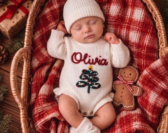 Personalized Christmas Handmade Ruffle Knit Romper| Pregnancy Announcement| Gift for Baby Shower| Kid's Romper | Unique Newborn Gift |