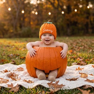 Könnte beinhalten: Eine orangefarbene Strickmütze mit einem grünen Stiel als Verzierung und dem in weißer Schreibschrift gestickten Namen Sonny. Die Mütze wird von einem Baby getragen, das in einem großen, ausgehöhlten orangefarbenen Kürbis sitzt.