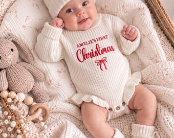Personalized Baby First Christmas Romper, Custom Name Knit Ruffle Romper, Newborn Christmas Outfit,Baby Girl Holiday Outfit, First Xmas Gift