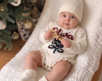 Personalized Christmas Handmade Ruffle Knit Romper| Pregnancy Announcement| Gift for Baby Shower| Kid's Romper | Unique Newborn Gift |