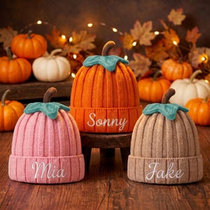 Könnte beinhalten: Drei gerippte Strickmützen in Kürbisform, jeweils mit einem türkisfarbenen Stiel oben. Die orangefarbene Mütze ist mit dem Namen Sonny, die rosa Mütze mit Mia und die beige Mütze mit Jake in weißer Schreibschrift bestickt.