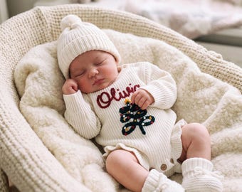 Personalized Christmas Handmade Ruffle Knit Romper| Pregnancy Announcement| Gift for Baby Shower| Kid's Romper | Unique Newborn Gift |