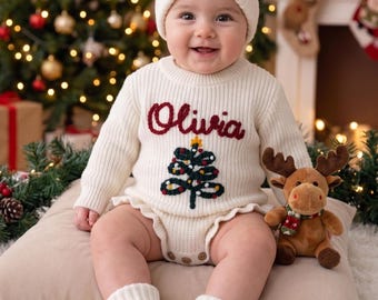 Personalized Christmas Handmade Ruffle Knit Romper| Pregnancy Announcement| Gift for Baby Shower| Kid's Romper | Unique Newborn Gift |