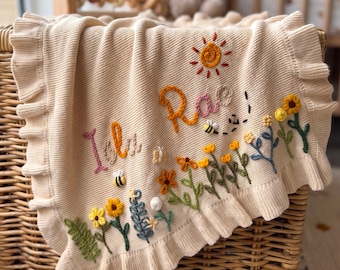 Personalized Handmade Floral Ruffle Blanket| Pregnancy Announcement| Gift for Baby Shower|Embroidered Kid's Blanket | Unique Newborn Blanket