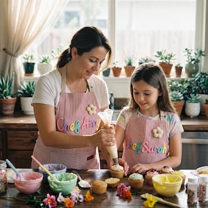 May include: Two matching red and white striped aprons featuring a beige flower applique and embroidered text reading Chef Amy and Chef Sarah. The aprons are worn while piping frosting onto cupcakes, with various bowls of colourful icing and sprinkles nearby.
