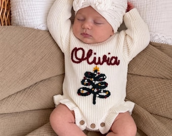 Personalized Christmas Handmade Ruffle Knit Romper| Pregnancy Announcement| Gift for Baby Shower| Kid's Romper | Unique Newborn Gift |