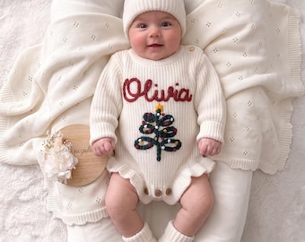 Personalized Christmas Handmade Ruffle Knit Romper| Pregnancy Announcement| Gift for Baby Shower| Kid's Romper | Unique Newborn Gift |