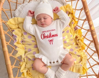 Personalized Baby First Christmas Romper, Custom Name Knit Ruffle Romper, Newborn Christmas Outfit,Baby Girl Holiday Outfit, First Xmas Gift