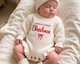 Personalized Baby First Christmas Romper, Custom Name Knit Ruffle Romper, Newborn Christmas Outfit,Baby Girl Holiday Outfit, First Xmas Gift