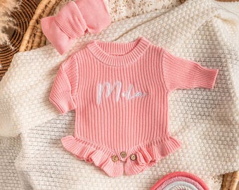 Pelele de punto con volantes bordados | Anuncio de embarazo | Regalo para baby shower | Pelele infantil bordado | Regalo único para recién nacidos |