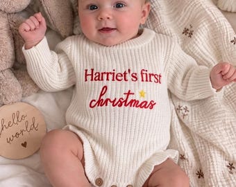 Personalized Baby First Christmas Romper, Custom Name Knit Ruffle Romper, Newborn Christmas Outfit,Baby Girl Holiday Outfit, First Xmas Gift