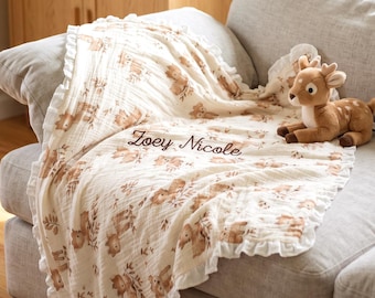 2026 Baby Ruffle Blanket with Name, 100% Cotton Muslin Floral Blanket, Embroidered Newborn Blanket,Floral Baby Shower Gift,Nursery Keepsake