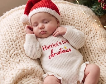 Personalized Baby First Christmas Romper, Custom Name Knit Ruffle Romper, Newborn Christmas Outfit,Baby Girl Holiday Outfit, First Xmas Gift