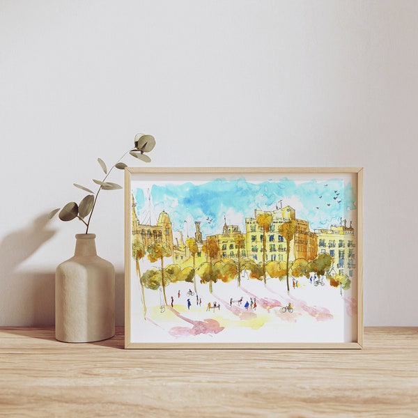 hand drawn plein air Barcelona gift watercolor cityscape modern art print travel print wall art artist home decor illustration