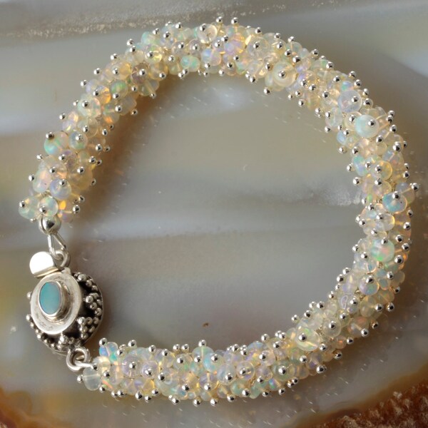 Ethiopian Opal Cluster Bangle Style  Silver Bracelet