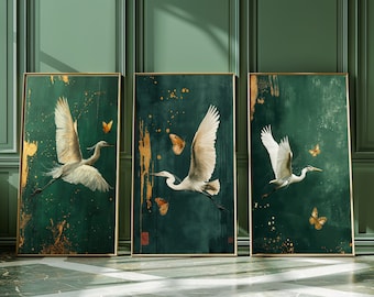 Green And Gold Crane Print, Japandi style, minimalist, animal sketch, Crane Birds, Japanese Inspired