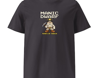Manic Dwarf Pixel Tee – Retro Moria Miner Shirt – Fantasy Gaming Style